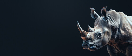This side-profile image of a rhinoceros is lit dramatically, highlighting its features