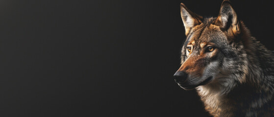 Striking close-up of a wolf with intense gaze, set against a stark black background emphasizing its features
