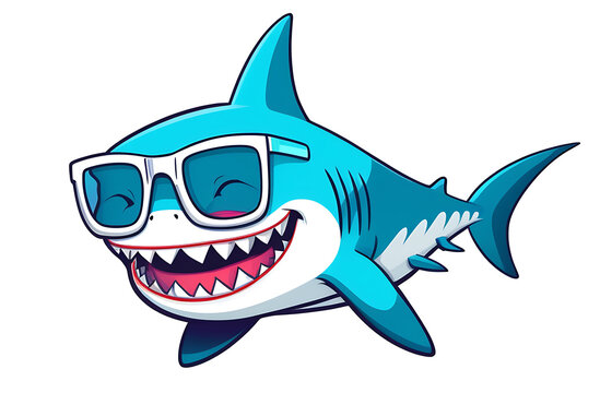 cartoon funny shark in glasses with sharp white teeth on a blue background
