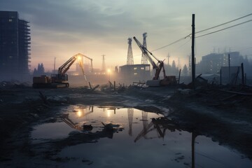 Obraz premium Construction site at dawn, Quiet construction site at dawn, Crane and building construction site , AI generated