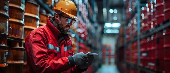 Chemical Storage Facility Worker: Inspecting Drums, Checking Inventory, and Maintaining Containment Systems. Concept Chemical Safety, Inventory Management, Containment Systems, Inspection Protocols