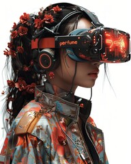 A futuristic woman adorned with floral designs wears a high-tech VR headset, blending nature with advanced technology in a bold, cybernetic fashion statement. Generated by AI