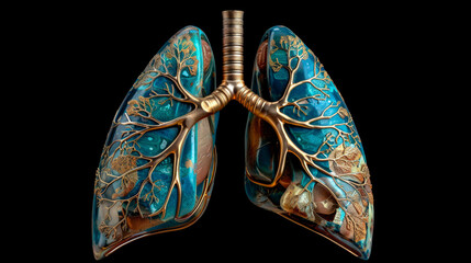 human organs lungs, bronchi, trachea, bronchioles and alveoli, scientific aid, on a black background