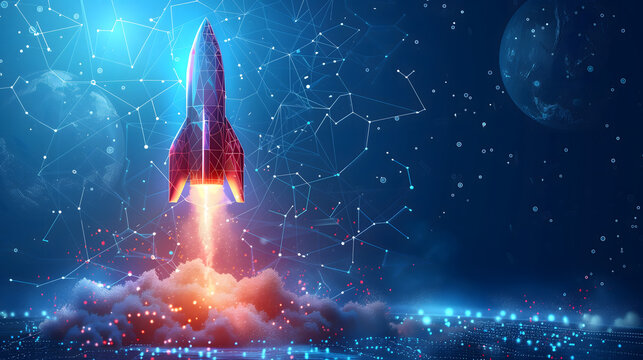 Fus&eacute;e d&eacute;collant sur fond bleu avec des circuits - succ&egrave;s