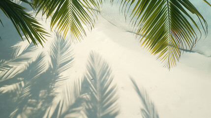 A play of light and shadows on a white sandy beach under lush palm trees, invoking a tropical paradise - obrazy, fototapety, plakaty