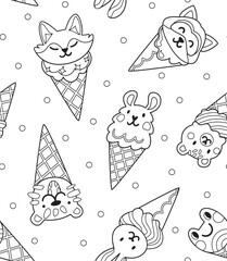 Black and white cute cartoon faces animals in waffle cones in contour. Yummy ice cream. Seamless pattern design