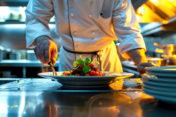 Chef in white uniform meticulously arranging a salad on a plate in a commercial kitchen - 776133203