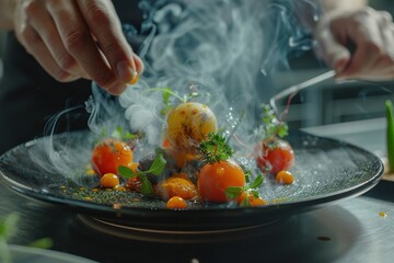 Chef intricately adding finishing touches to a steaming, vibrant dish in a modern kitchen - 776133227