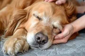 Content golden retriever enjoying a gentle head pat from its owner's hand. - 776133239