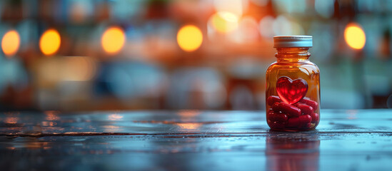 A bottle with red pills, medicaments and red heart shape capsule. Symbol of heart health care. Cardiovascular disease treatment. Blurred background, space for text.