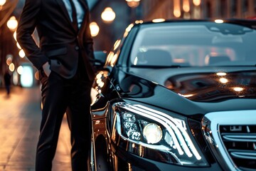 Sleek luxury car headlight detail with the blurred figure of a businessman approaching