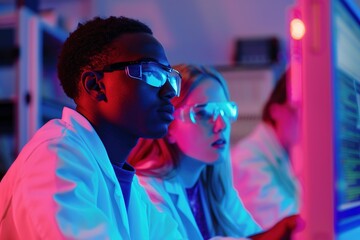 Two scientists in lab coats analyzing data on a glowing computer screen in a research lab