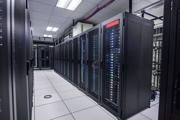 Modern data center with rows of server racks and LED status lights