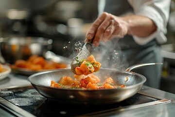 Chef's hands garnishing a steamy gourmet dish on a plate in a professional kitchen - 776133426