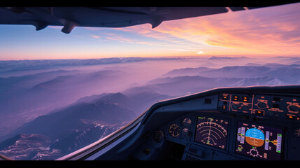 view from the airplane window from the cockpit, electronic displays, foggy mountains, dawn, empty space for text - obrazy, fototapety, plakaty