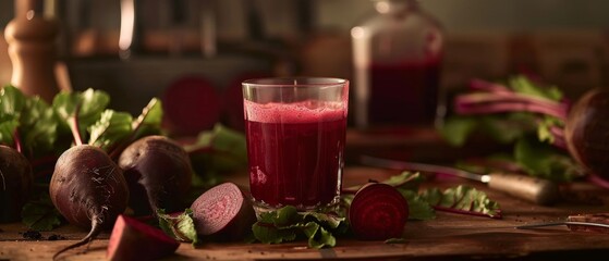 A glass of rich, crimson-hued beet juice is garnished with a vibrant green leaf, creating a striking visual contrast and highlighting the natural, earthy qualities of this nutrient-dense beverage.