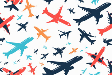 Airplane flying in the sky. Bright colorful silhouettes of passenger planes. Vacation, fast travel, transportation concept. Hand drawn modern Vector seamless Pattern.