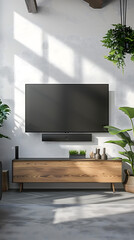  Télévision murale avec meuble bas en bois sol véton ciré et mur blanc - obrazy, fototapety, plakaty
