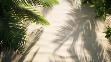 A close-up of distinct palm leaf shadows sprawling over a fine sandy surface, conveying a warm, tropical vibe