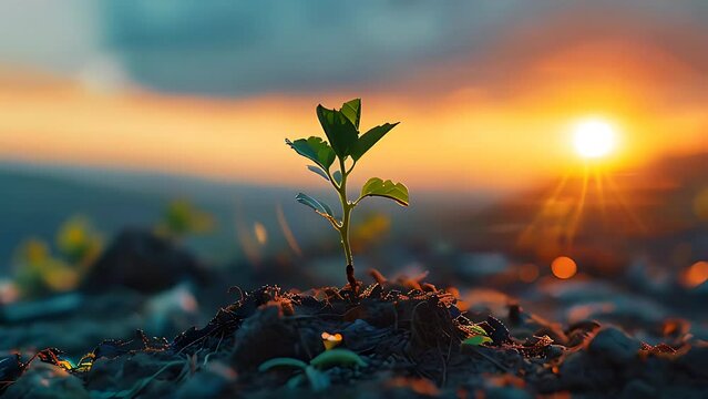 A young plant sprouts from the soil, bathed in the warm glow of a breathtaking sunset, symbolizing growth and renewal. Earth Day Concept