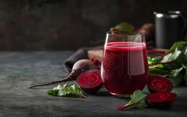 A glass of deep, ruby-colored beet juice stands beside the stainless steel juicer used to extract its rich, flavorful nectar, showcasing the equipment and process behind creating beverage.