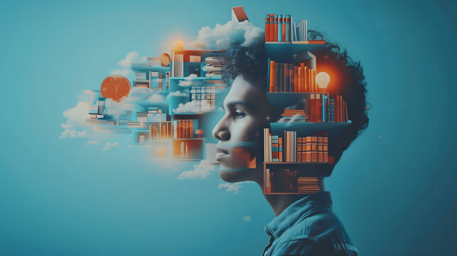 Concept de micro-apprentissage avec t&ecirc;te de profil et &eacute;tag&egrave;res de livres