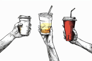 Stretched, flexible long hands hold various drinks. Wineglass, coffee cup, water, bottle. Boneless elastic arms - obrazy, fototapety, plakaty