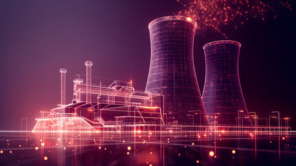 Représentation numérique d'une centrale électrique avec des tours de refroidissement. - obrazy, fototapety, plakaty