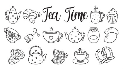 Hand drawn set of Tea time doodle icons. Teapots, cups, lemon and sweets in sketch style. Vector illustration isolated on white background icon