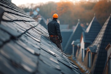 Engineer on a construction site at sunset. Working on the roof. roof repairman inspection of the roofs of multi-storey buildings in the city center. European architecture. back view of the city