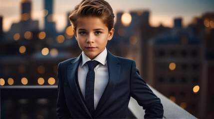 A young boy in a suit and tie stands on a ledge in a city. The boy is wearing a tie and a suit jacket, and he is looking directly at the camera. Concept of formality and professionalism - obrazy, fototapety, plakaty