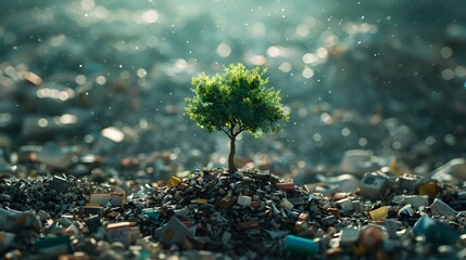 A small tree growing in the middle of a pile of garbage - obrazy, fototapety, plakaty