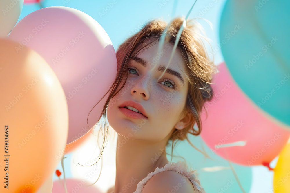 Canvas Prints Woman with long hair and blue eyes is standing in front of balloons.