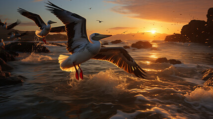 pelican in flight at sunset - obrazy, fototapety, plakaty