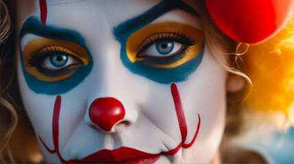 A woman with a clown makeup on her face. She has red lips and blue eyes. The makeup is very colorful and it gives the impression that she is a clown
