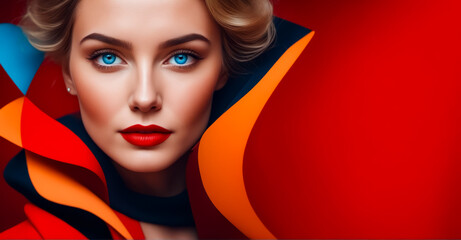 A woman with blue eyes and red lipstick is standing in front of a red background. The image is a creative and artistic representation of a woman's beauty and confidence - Powered by Adobe