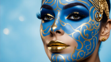 A woman with blue and gold face paint. She has gold lips and gold eyes