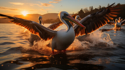 pelican in flight at sunset