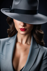 A woman wearing a hat and a black suit. She is wearing a red lipstick