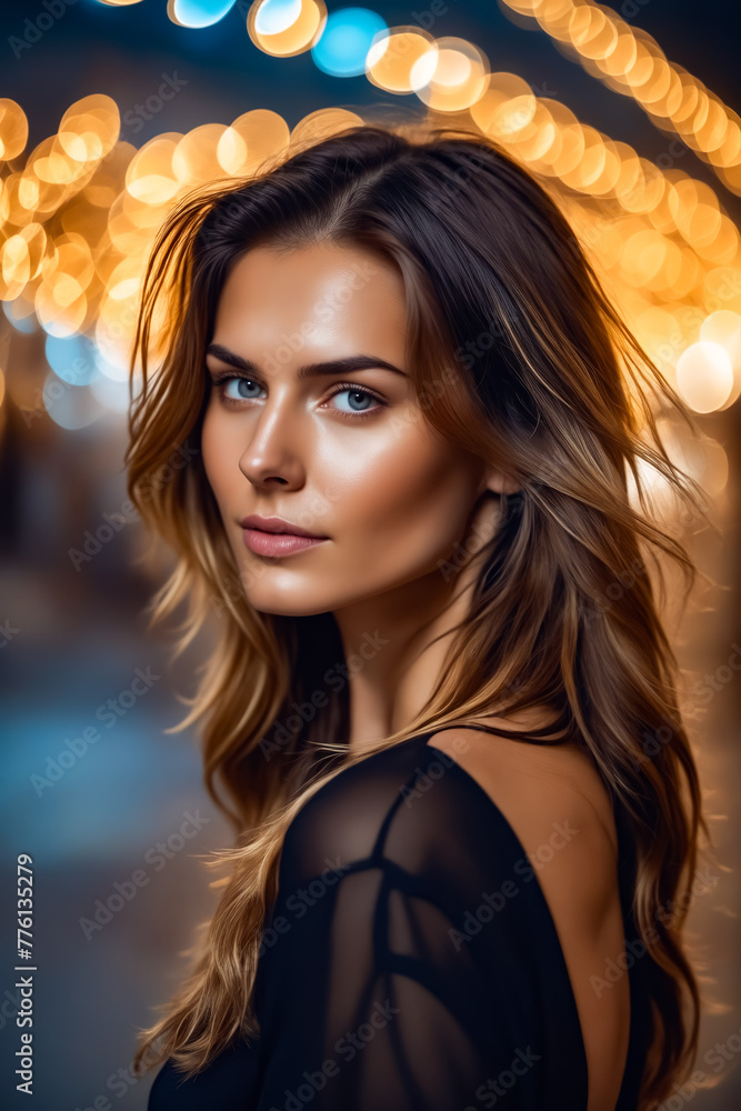 Poster a woman with long brown hair and a black dress is standing in front of a light. the light is creatin