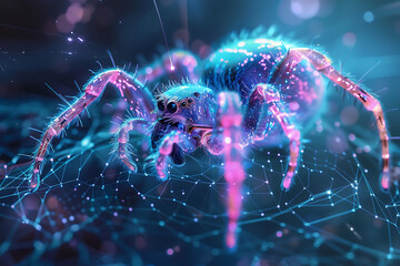 Elegant wireframe-based visualization against a radiant translucent backdrop, featuring the intricate silhouette of a spider, perfect for nature-inspired designs and arachnid-themed projects - obrazy, fototapety, plakaty