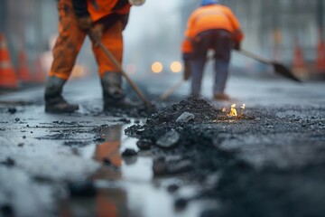 Construction Worker during Asphalting Road Works. repair and reconstruction of asphalt. eliminating holes and damage. city workers against the backdrop of city houses laying new asphalt at sunset