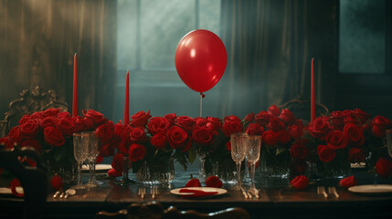 The magical ambiance of love, with a red balloon floating above a table adorned with vibrant red roses, captured in exquisite detail by an HD camera