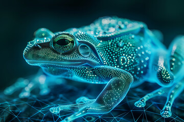 Illuminated wireframe-based visualization set against a luminous translucent backdrop, showcasing the graceful silhouette of a frog, perfect for nature-inspired designs and wildlife-themed projects - obrazy, fototapety, plakaty