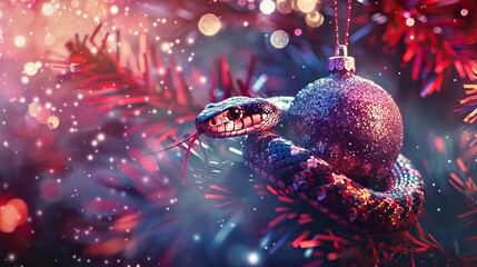 A snake is wrapped around a glittering Christmas ornament hanging from a tree - Powered by Adobe