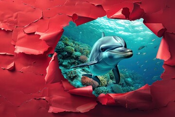 A captivating digital art piece showing a dolphin emerging from a coral-filled environment through a ripped red paper effect
