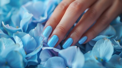 Fototapeta premium Glamour woman hand with baby blue color nail polish manicure on fingers, touching light blue flower petals, close up for cosmetic advertising, feminine product, romantic atmosphere use.