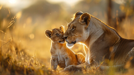 Affectionate Lioness and Cub Enjoying a Sunset Together in the Wild