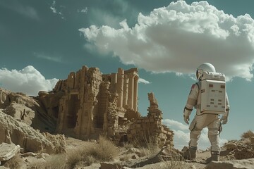 An astronaut stands in a barren rocky desert with towering formations, highlighting the vastness and solitude of otherworldly exploration.

