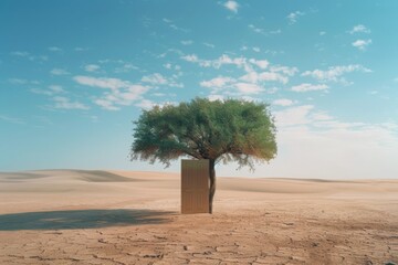 A single tree defying the barren desert landscape with a geometric shape provides a surreal contrast between nature and the abstract.

